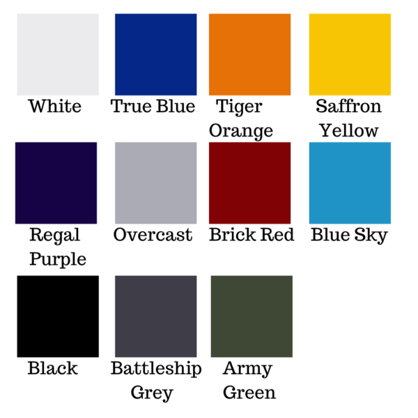 Color palette showing TactiTether's available colors including White, True Blue, Tiger Orange, Saffron Yellow, Regal Purple, Overcast, Brick Red, Blue Sky, Black, Battleship Grey, and Army Green