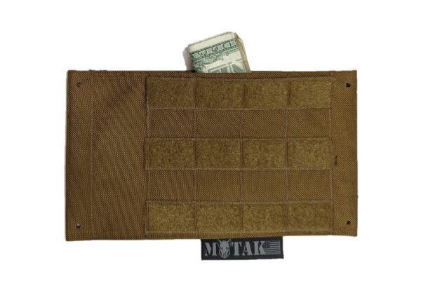 TactiTether tan pouch featuring Velcro strips and a slot holding cash