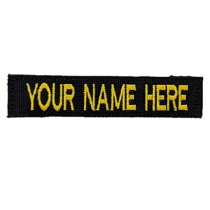 TactiTether custom name patch with "YOUR NAME HERE" in yellow text on a black background